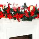 Dingion 9 ft Christmas Poinsettias Garland Decoration DIY Artificial Pine Garland with Red White Berries Picks Poinsettias Flower Ornaments for Xmas Fireplace Table Window Stairs Holiday Decor