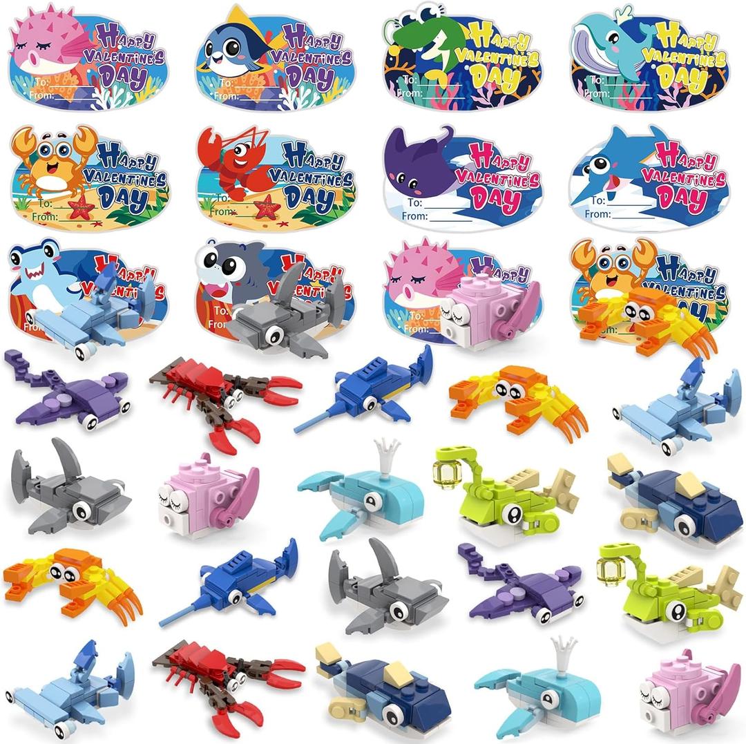 30pcs Valentines Building Blocks, Valentine's Day Gifts Toys for Kids Marine Animals Building Toys with Cards for Boy Girl Classroom School Gifts Exchange Prizes Valentine Party Favors