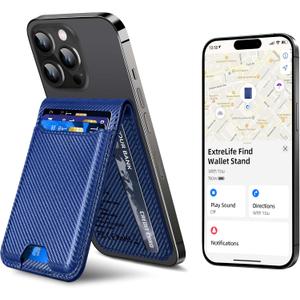 ExtreLife for Magsafe Wallet, Works with Apple Find My, Strongest Magnetic Wallet for iPhone 17/16/15/14/13/12 Series, WalletTracker with Adjustable Stand, 6 Card Holder, Bright Blue (Blue Carbon fiber)