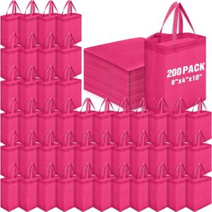 Windyun 200 Pcs Reusable Tote Bag Bulk 8 x 4 x 10 Inch Non Woven Shopping Bag with Handle Christmas Reusable Grocery Gift Tote (Rose Red)