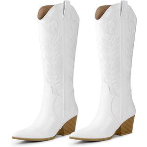 Arromic Cowboy Boots for Women Comfortable Womens Embroidered Western Cowgirl Knee High Boots Pointed Toe Zipper Chunky Heel Country Outfit Retro Tall Boots 6.5