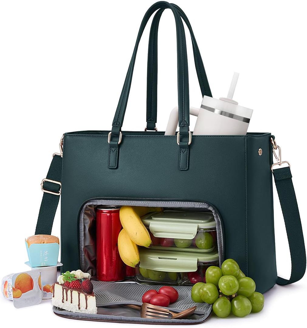 LOVEVOOK Lunch Tote Bag for Women, 3 in 1 Work Bag with Leakproof Cooler Compartment, Laptop Bag with Large Cup Holder for Office, College, Casual, Green