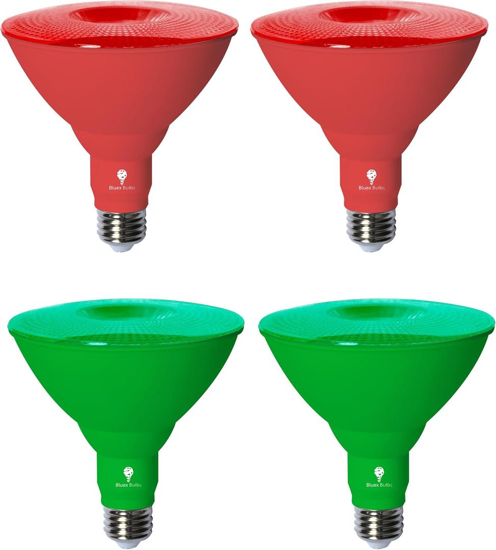 4 Pack BlueX LED Par38 Flood Green Red Light Bulb - 18W (120Watt Equivalent) - Dimmable - Green Red E26 LED Lights, Party Decoration, Porch, Home Christmas Lighting