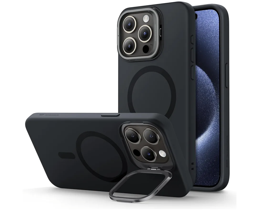 ESR for iPhone 15 Pro Max Case, MagSafe Silicone Case with Stand, Military-Grade Protection, Built-in Camera Stash Stand, Magnetic Phone Case for iPhone 15 Pro Max, Cloud Series, Black