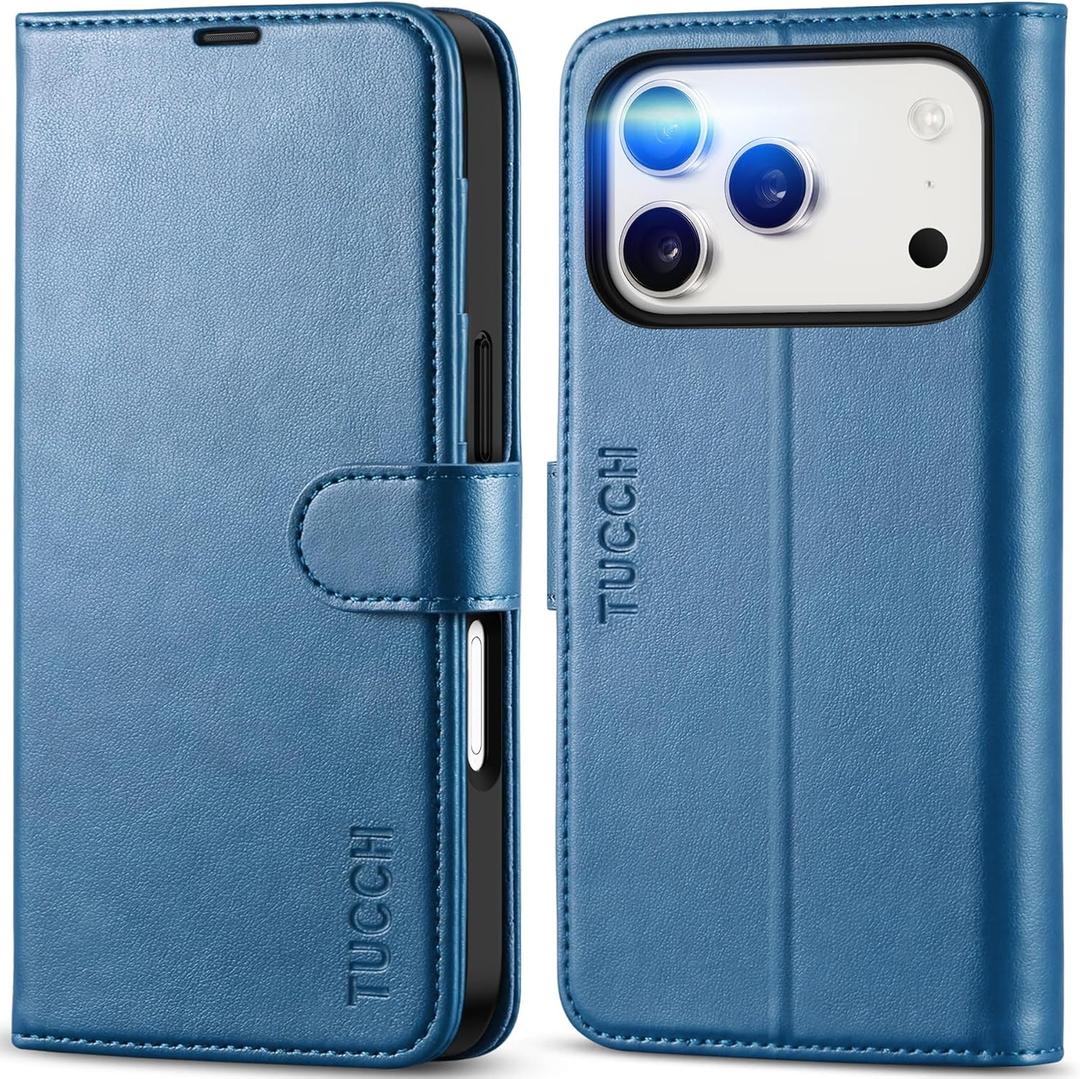 TUCCH Wallet Case for iPhone 17 Pro (6.3") 2025, 4 Card Slots, RFID Blocking, Stand, Shockproof TPU Shell, PU Leather, Magnetic Closure, Protective Flip Folio Cover, Light Blue