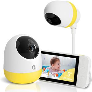 Ellie Pro Baby Monitor with Camera and Audio,5'' IPS 2K UHD Resolution,6000mAh Battery, Remote Pan-Tilt-5X Zoom, 2-Way Talk,No WiFi, Night Vision, Virtual Fence 24hr Play Back and 1000ft Range (Yellow1)