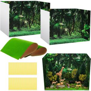 AmazingSpark 2 Set Rainforest Style Diorama Box and Fake Grass Decor, Rainforest Diorama Project Supplies Set, Cardboard Display Case Kit & Artificial Grass with Double Sided Tapes for DIY Crafts Toys