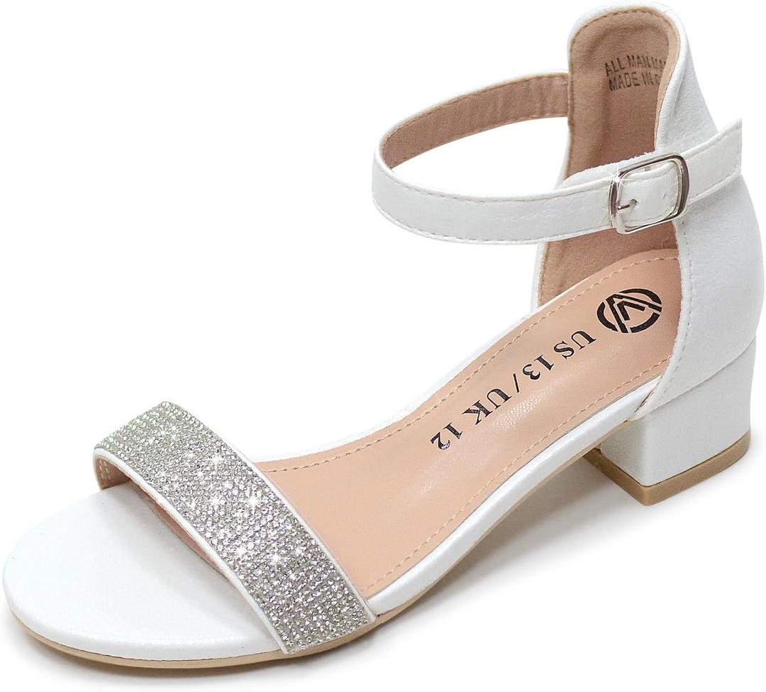 Vonair Girls Sandals Low Heels Ankle Strap Open Toe Dress Shoes Flower Girl Party Wedding Shoes For Girls (13 Little Kid, White)