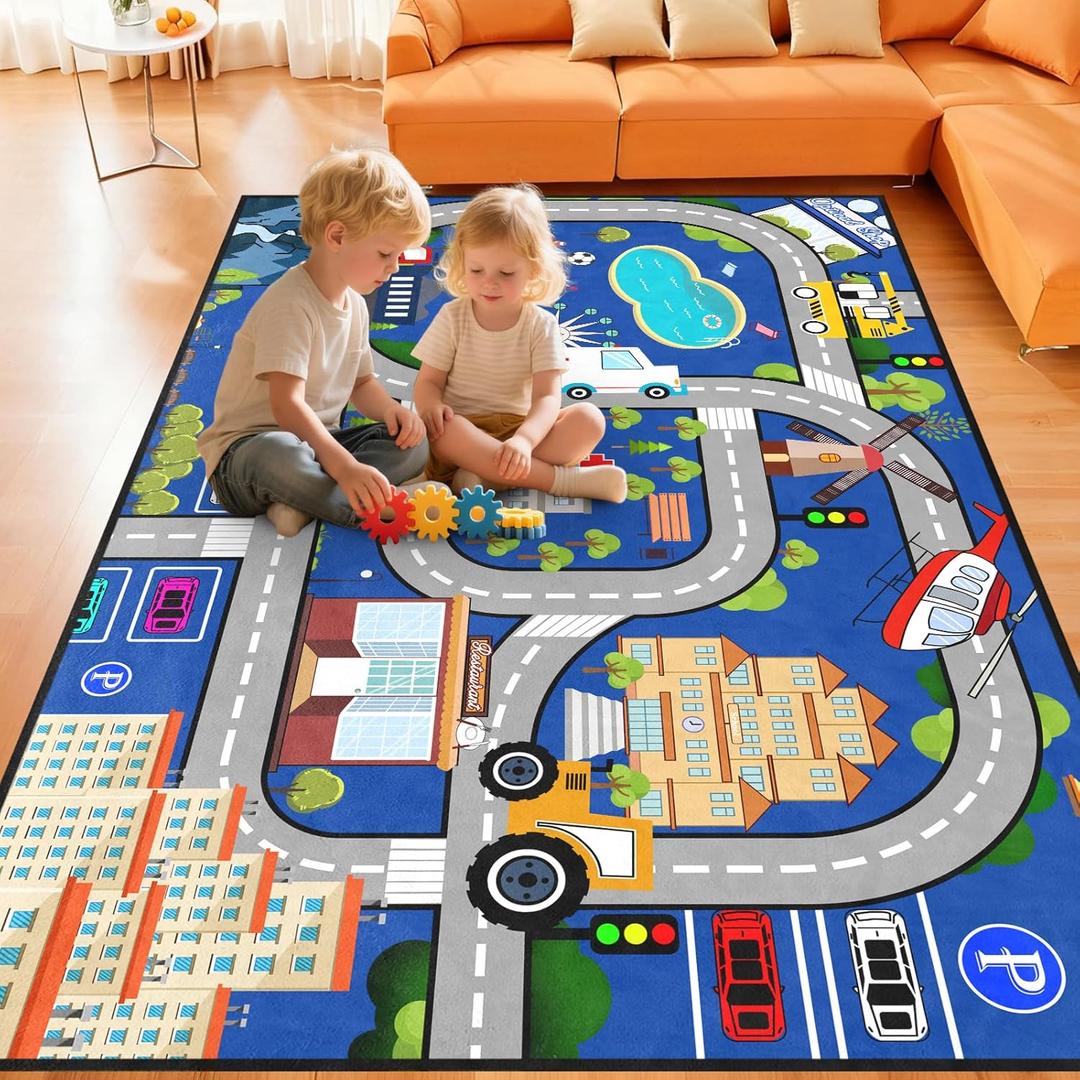 Car Mat for Kids Toy Cars - Car Track Rug Car Carpet for Kids Play Mat City Life Road Carpet for Playroom Living Room Bedroom Classroom, 3'5'