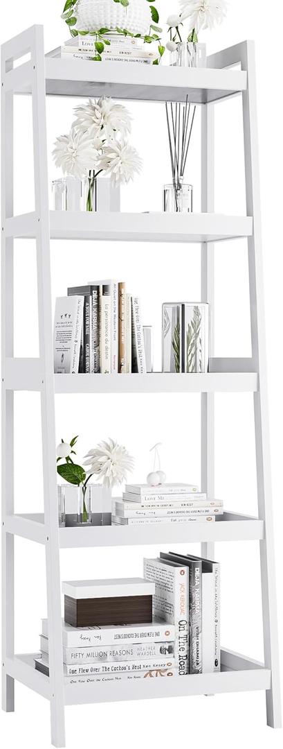 Bookshelf, 5 Tier Ladder Bookcase with Bamboo Frame, Freestanding Tall Narrow Display Plant Shelf for Living Room, Kitchen, Bedroom, Balcony, White (White)