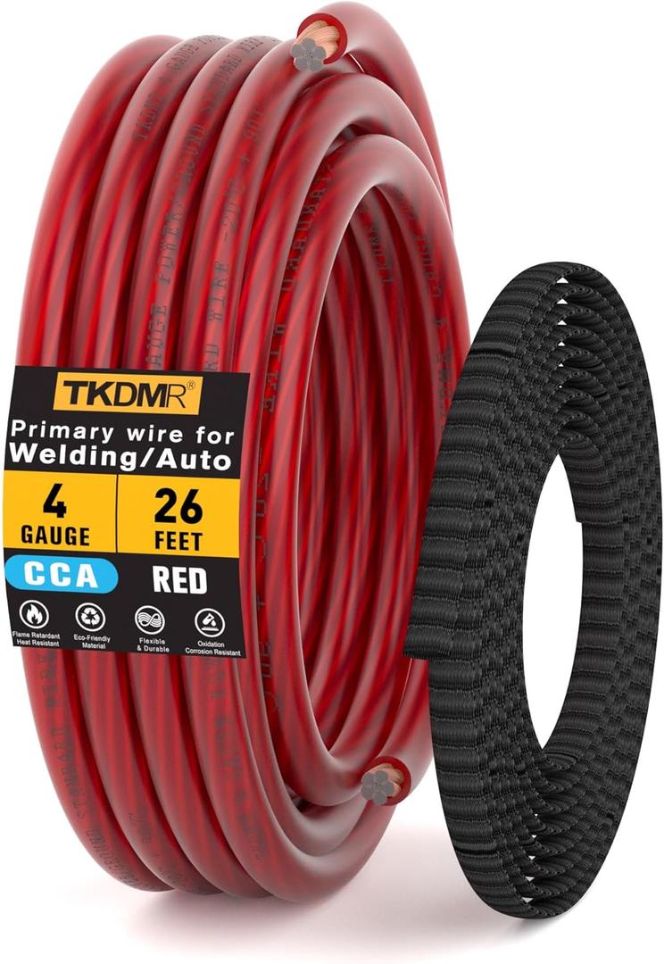 4 Gauge Wire Battery Cable - CCA 4 AWG Electrical Wire Extension Cord, 26FT Red with Cable Sleeves, for Automotive Power Ground, Battery Cable, Car Audio, RV