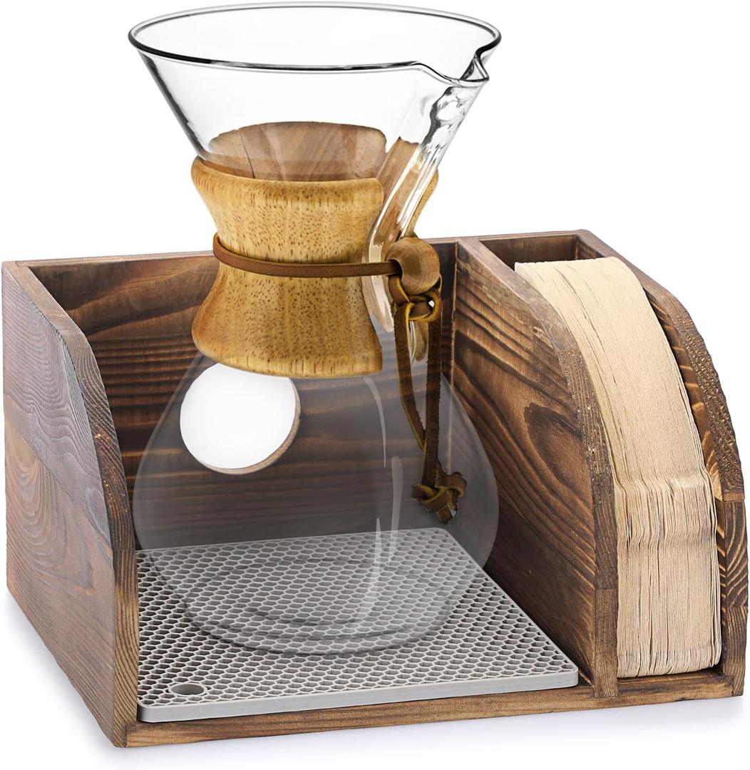 ELLDOO Vintage Wood Coffee Organizer Stand, Compatible with Chemex Coffee Makers, Holds Coffee Maker and Coffee Paper Filters, Fits Collar and Handle Carafes, with Grey Silicone Dripper Mat