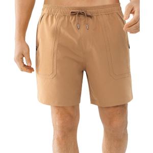 Cosmolle Men's 7" Quick Dry Stretch Hiking Shorts for Running Fishing and Outdoor Adventure with Multi Pockets (Brown, XXL)