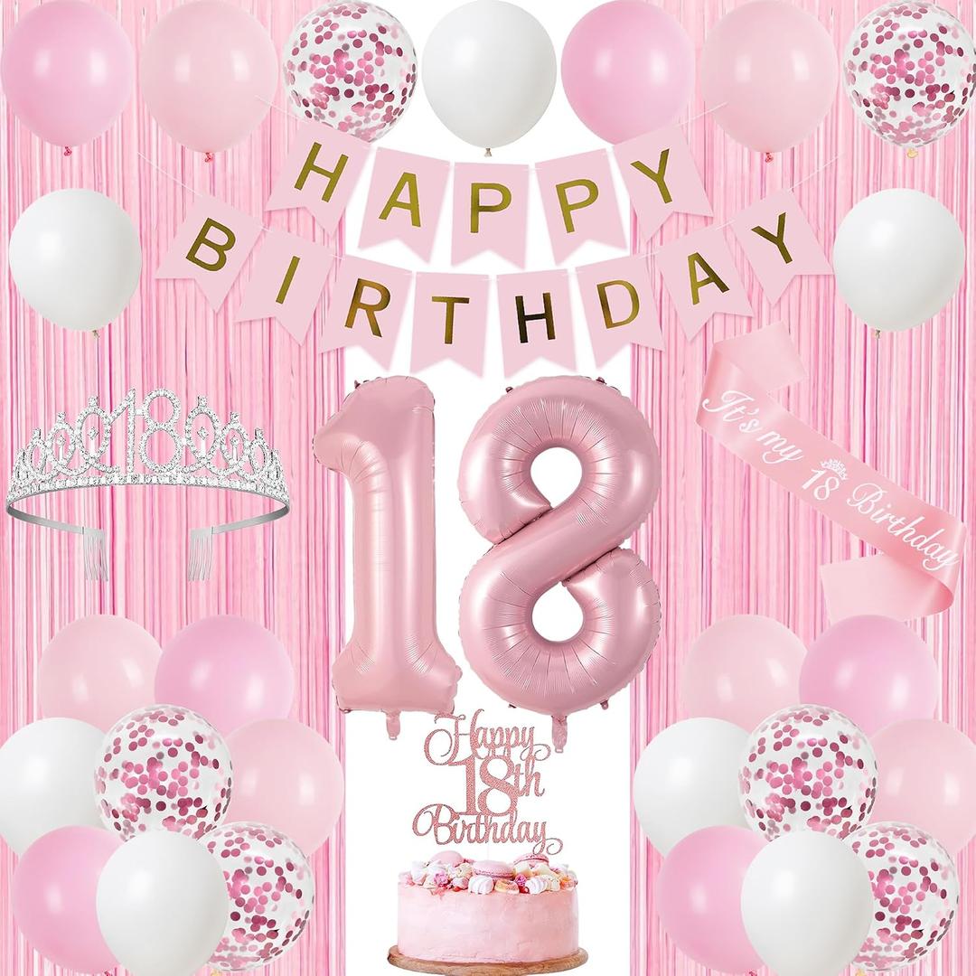 Pastel Light Pink and White 18th Birthday Decorations for Girls | Happy 18th Birthday Supplies for Girls, 18 Sash and Crown, Banner, Fringe Curtains, Cake Topper, 18 Year Old Party Set