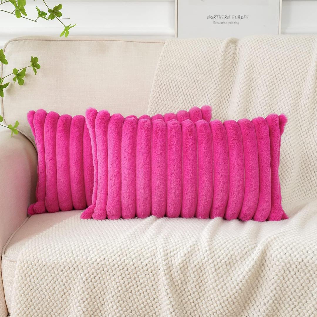 Soleebee Set of 2 Throw Pillow Covers Soft Cozy Velvet Pillowcase Faux Rabbit Fur Cover for Couch Sofa Bed Chair Home Decorative Pillows Cover (12x20 Inch, HOT Pink)
