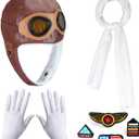 Kids Aviator Costume Accessories Pilot Aviator Hat With Goggles For Halloween Career Day Birthday Cosplay Costume (Brown Hat,white Scarf,gloves,brooches)