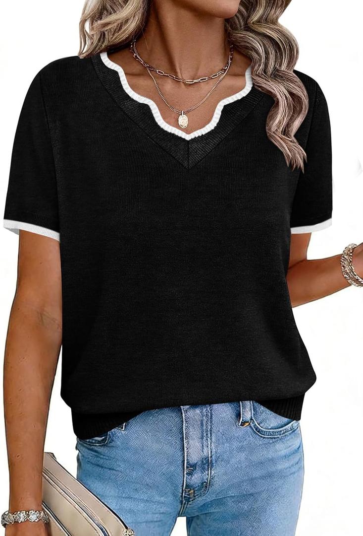 OFEEFAN Short Sleeve Sweater for Women V Neck Lightweight Sweaters Fashion Clothing Business Casual Outfits, Black, X-Large