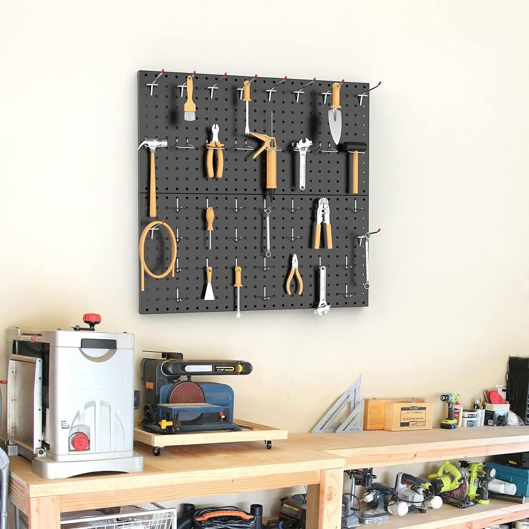 TORACK Metal Pegboard Wall Organizer 24" x 24" or 12" x 48", 5 PCS Tools Storage Pegboard for Garage Tool Organizer Peg Board with Pegboard Hooks for Workbench(Black)