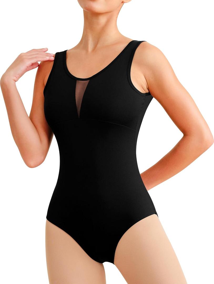 Women Ballet Lace Short Sleeve Dance Leotard Tank, Hollow Back Dancewear (X-Large, Black(v-shaped Fine Mesh))