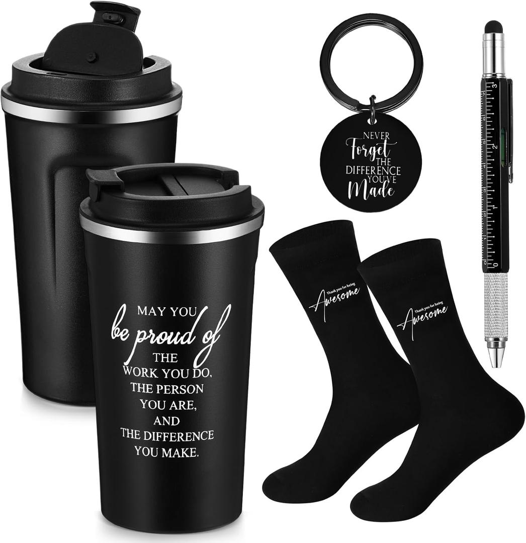 Gerrii Set of 4 Teacher Appreciation Gifts for Men Thank You Gifts for Male Teacher Nurse Coworker Employee 17 oz Stainless Steel Tumbler Inspirational Keychain Metal Pen Socks for Men(Classic, Black)