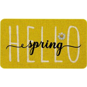 Hello Spring Decor Door Mat - Yellow Farmhouse Welcome Summer Mats Outdoor Colorful Flowers Doormat Non Slip Rubber Floral Decorative Front Door Mats Indoor Rug 17" x 30"