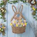 Reallnaive 16 x 9.4 x 3.9 Inch Easter Bunny Basket Hand Woven Wicker Rabbit Wreath Basket Hanging Wall Pocket Spring Wreath Decor with White Floral for Front Door Hanging Decoration