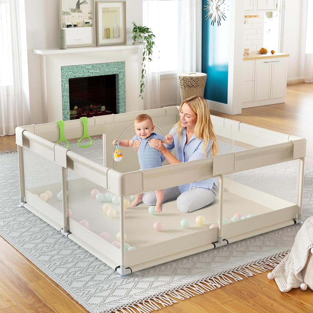 Fodoss Baby Playpen, Upgrade Playpen for Babies and Toddlers, 47x47x26inch Beige Play Pen for Babies with Hand Pulling Ring, Play Pen Center for Kids,Baby Fence,Baby Playards (47x47 Inch, Beige)