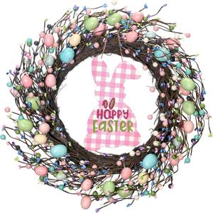 Easter Egg Wreath for Front Door, 20 inch Farmhouse Easter Wreath with Colorful Pastel Eggs, Wooden Rabbit, Spring Wreath for Easter Wall Decor Holiday Decoration