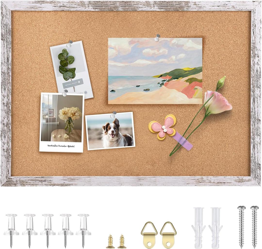 Cork Board Bulletin Board, 23.6x15.7 inches Decorative Hanging Framed Cork Boards for Walls, Pin Board Vision Board for School Home Office, Bulletin Board with White Wood Frame (WH,4060,1p) (Natural)