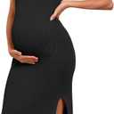 V FOR CITY Maternity Dress for Baby Shower Sleeveless Slit Rib Knit Casual Square Neck Bodycon Pregnancy Clothes (Medium, Black)