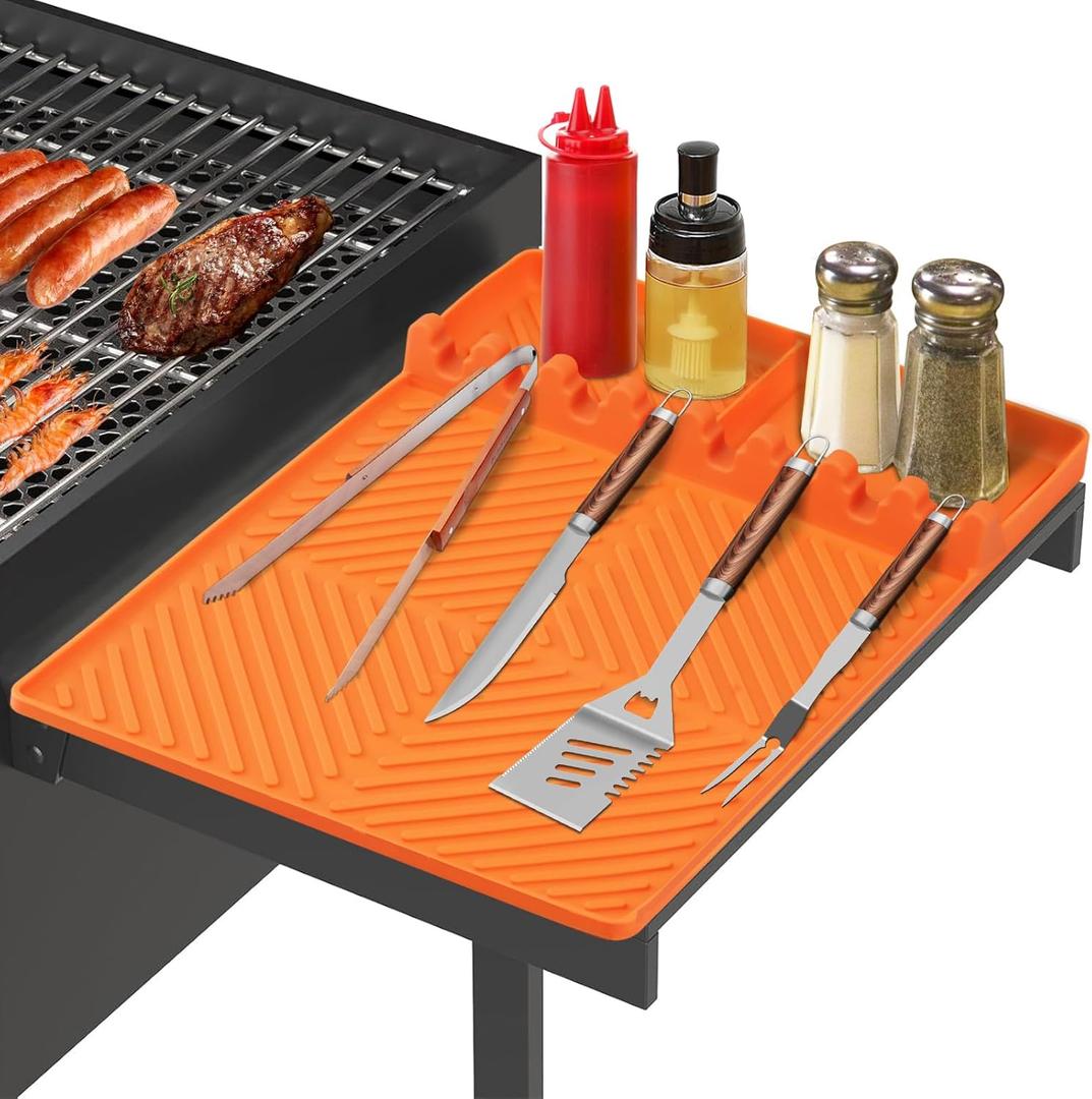 Silicone Grill Mat with Drip Pad, Premium Blackstone Griddle Accessories for Outdoor Grill Kitchen Counter, Heat-resistant BBQ Accessories for Side Shelf (Orange)