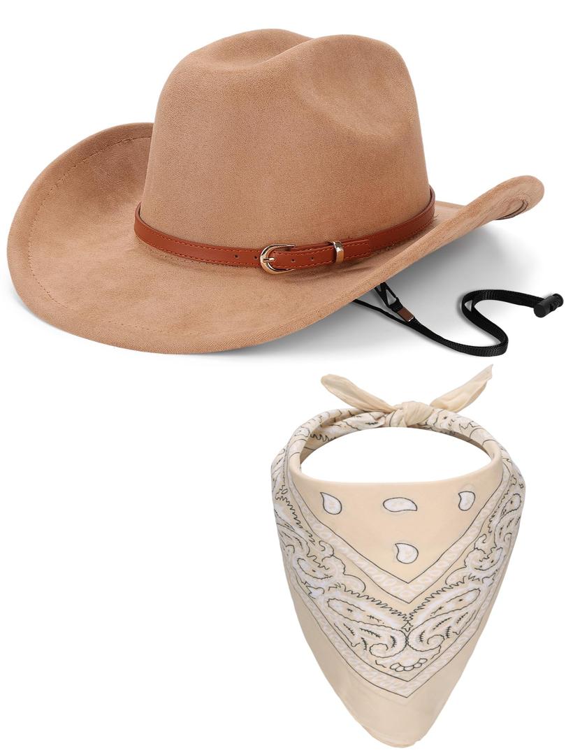 Cowboy Hat with Fringed Bandana Set for Women Wide Brim Western Cowgirl Hat Paisley Head Wrap Scarf (Suede Fabric-Khaki)