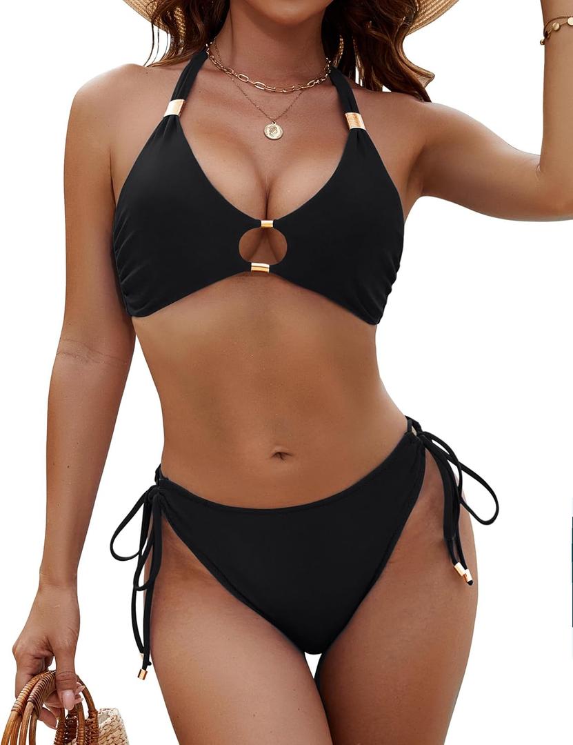 BMJL Womens Bikini Sets Sexy Two Piece Halter Swimsuits String Cutout Bathing Suit Swim Suits 2025 (Large, Black49)