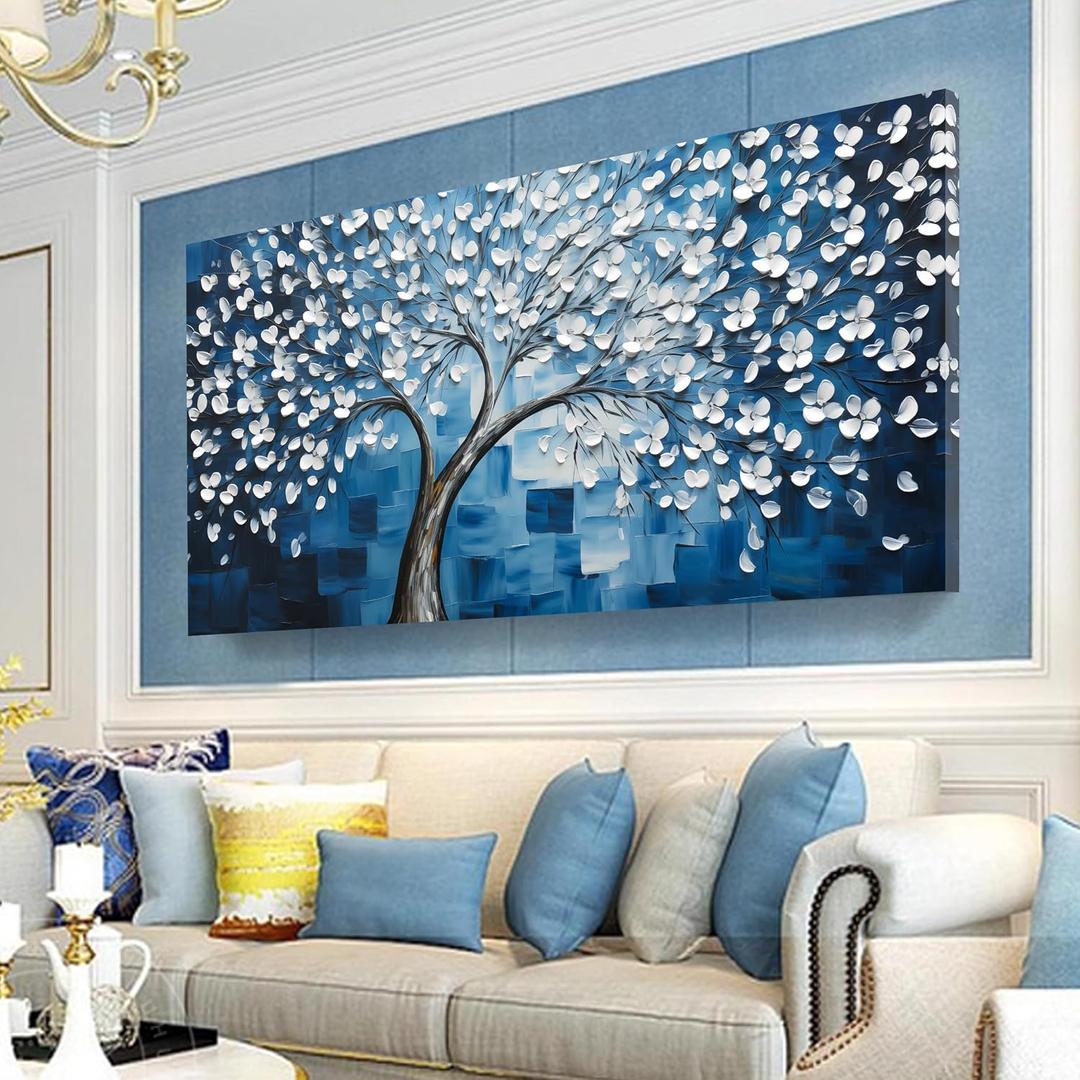 SSNEEKNDG Blue Tree of Life Wall Art for Bedroom White Flower Tree Large Artwork for Living Room Office Kitchen Modern Aesthetic Pictures Canvas Prints 29"x58"