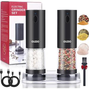 Rechargeable Electric Salt and Pepper Grinder Set with Storage Base, Automatic Mill Grinder Set Adjustable Coarseness Rechargeable Battery Power Spices Shaker for Kitchen Restaurant Picnic Pack of 2