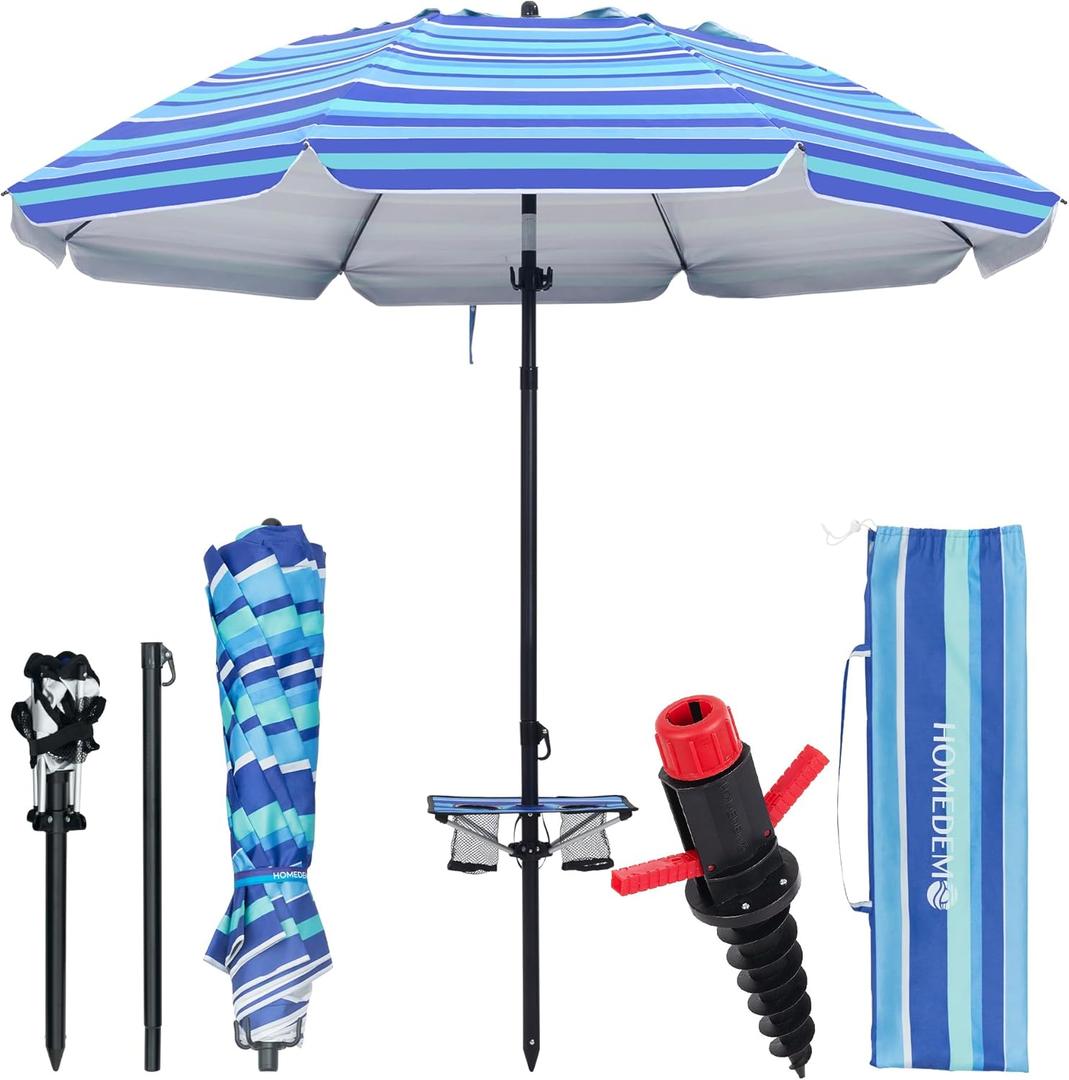 HOMEDEMO 7FT Beach Umbrella with Table & Anchor, Heavy Duty Windproof with UPF 50+ Sun Protection, Outdoor Umbrellas with Adjustable Aluminum Pole