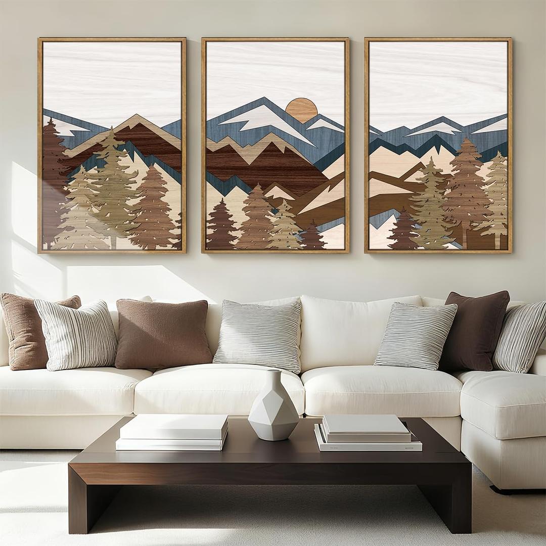 BINCUE Large Boho Mountain Canvas Wall Art Set of 3,Woodcut Sun Forest Canvas Wall Decor,Vintage Mountain Artwork Abstract,Pine Tree Landscape Painting for Living Room Bedroom Office 24x36 Inch Gift