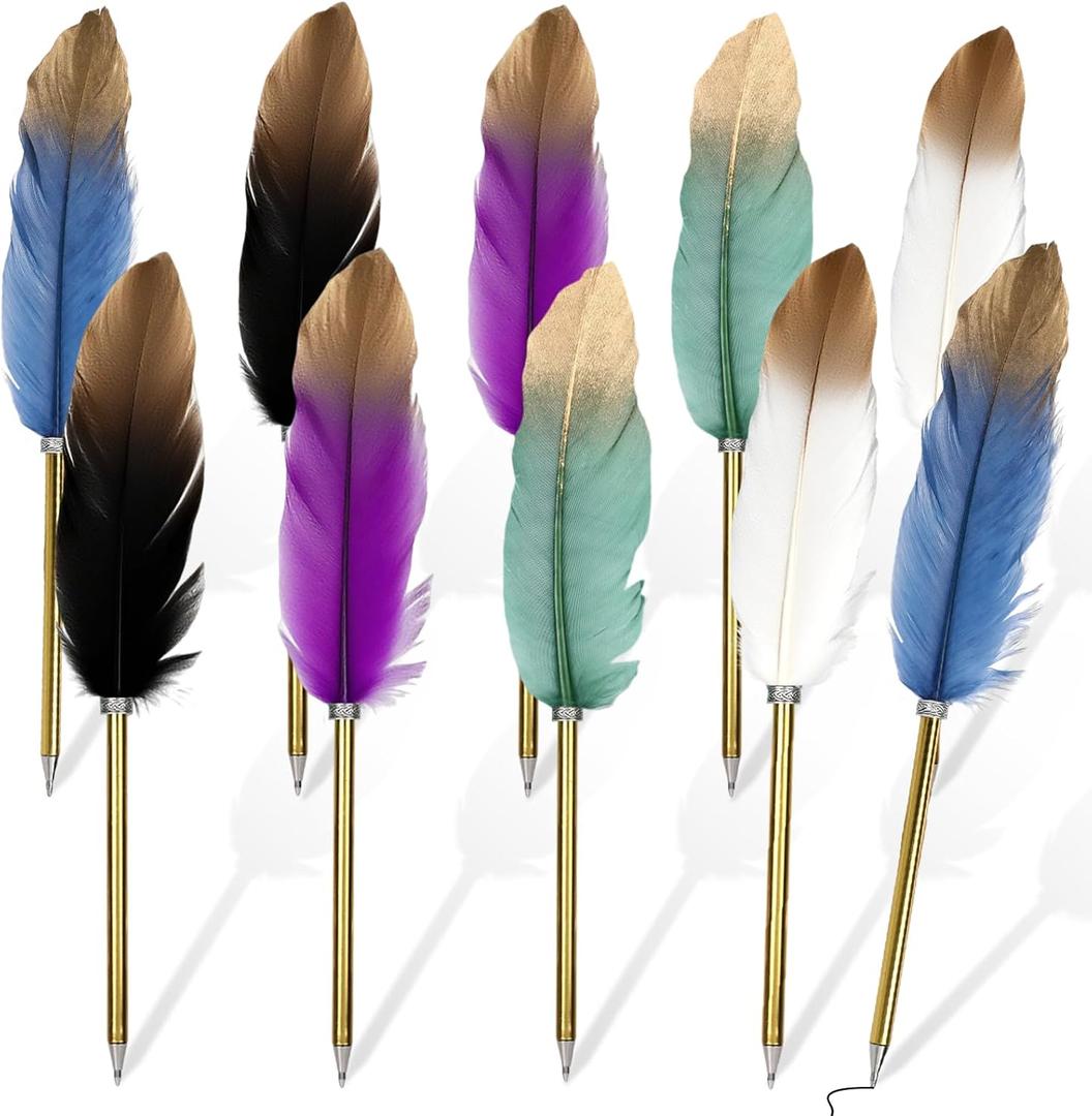 Feather Pens Quill Bulk Black Ink, 10 Pack 5 Colors Assorted Cool Vintage Feather Ballpoint Pen for Writing, Office Guest Signature, Party or Bridal Shower Favors Calligraphy Set