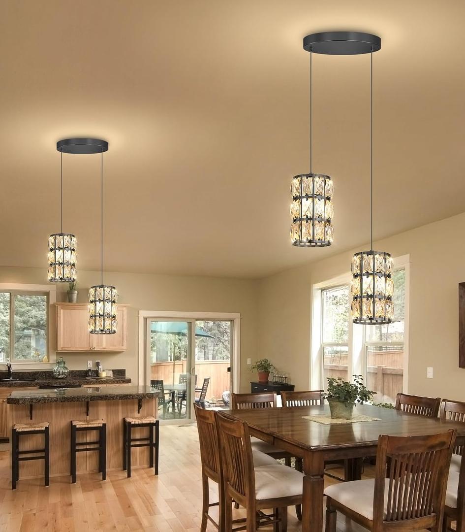 2-Lights Modern Crystal Pendant Lights for Kitchen Island LED Dimmable Glam Pendant Lighting Chandelier for Dining Room Hallway Corner Lamp Black