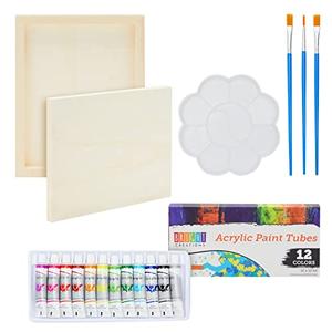 18-Piece 8 x 10-Inch Wooden Canvas Painting Set, 2 Natural Wood Panel Paint Boards with 12 Acrylic Paint Tubes, 3 Brushes, and 1 Plastic Palette for Crafting and Art Supplies