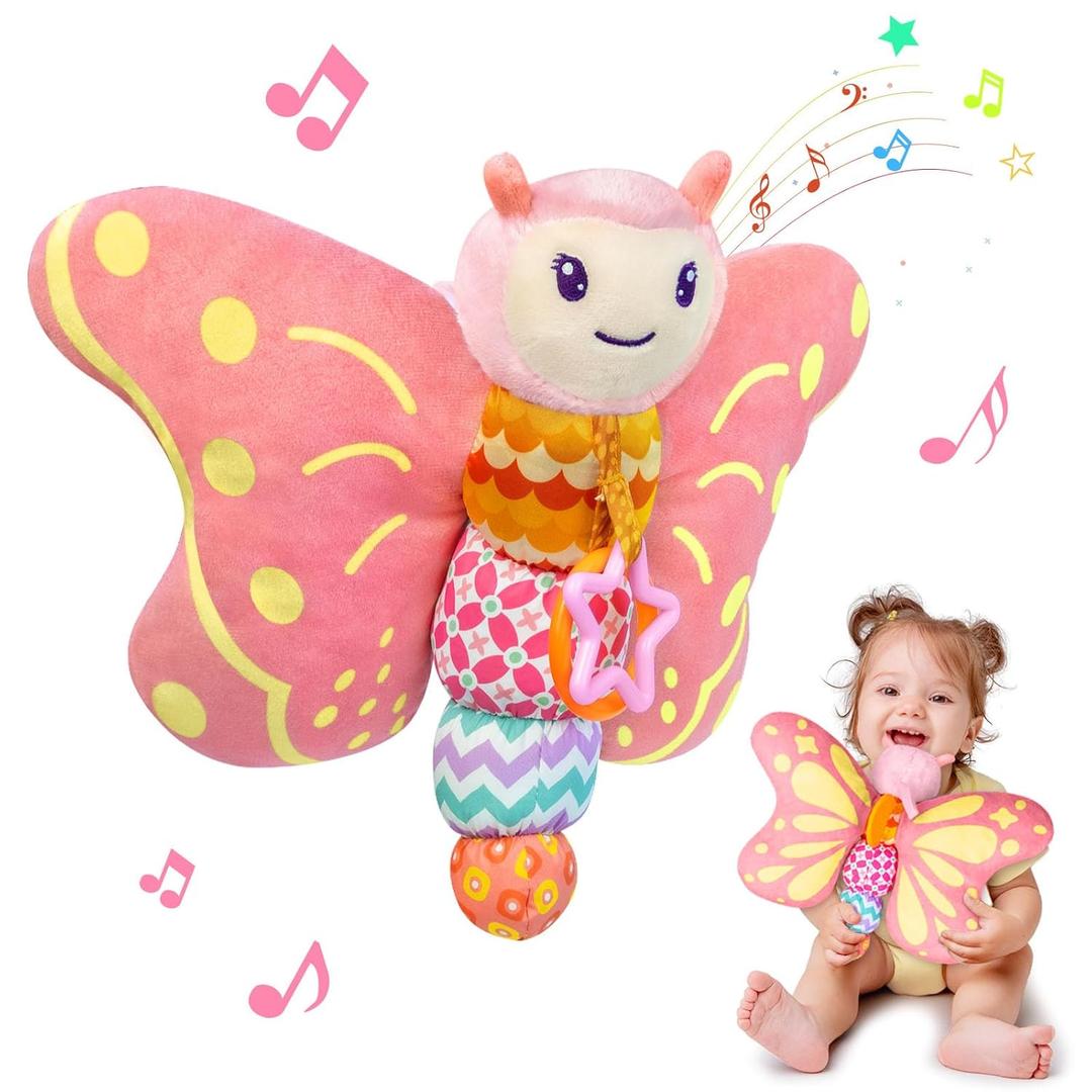 2 x Baby Toys 0-6 Months,Infant Musical Sensory Stuffed Animal with Squeaker,Rattle,Crinkle Wings,Teether & Hanging Ring,Tummy Time Toy for Newborn 0-3-6-12 Months Boys & Girls Gift,Butterfly,Pink