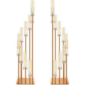 Dandat 2 Pcs 10 Arms Gold Candelabra 50" Tall Wedding Candle Holder Centerpieces Acrylic Pillar Candle Floor Stand Candelabra with Clear Acrylic Shades for Flameless Candle Birdal Valentines Day