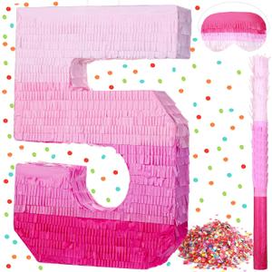 Sratte Number Piata Pink Piata Birthday Decorations Gradient with Stick Blindfold Confetti for Girls Boys Birthday Anniversary Party Decorations Supplies(Number 5)