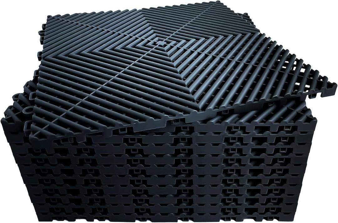 Interlocking Garage Floor Tiles - Drainage Mats, Non-Slip, Heavy-Duty, Easy Install for Garage, Car Wash, Basement12 Pack 16"x16" (Black)