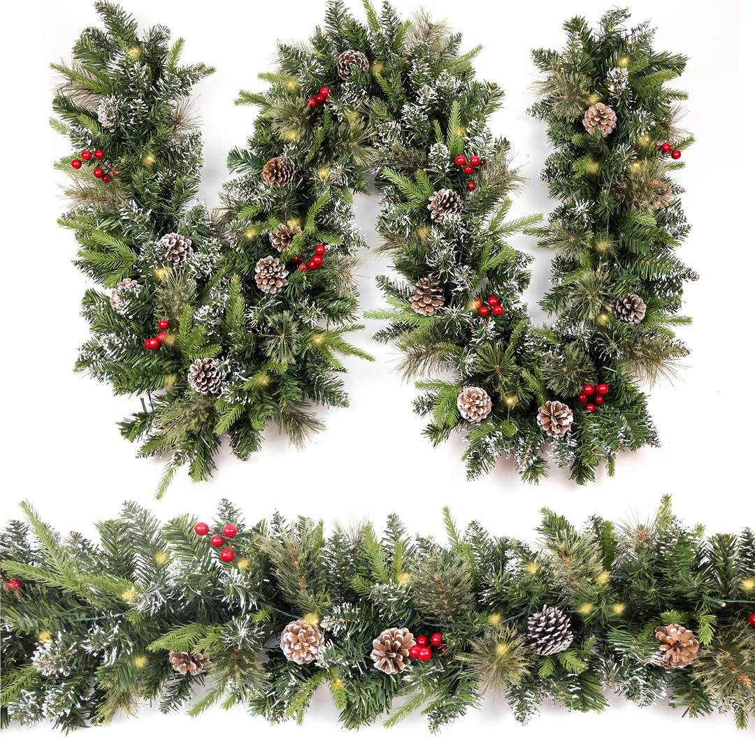 Christmas Garland Snowy 9ft with 50 Lights, Christmas Decor with 50 Light Timer for Mantle Staircase Indoor and Outdoor