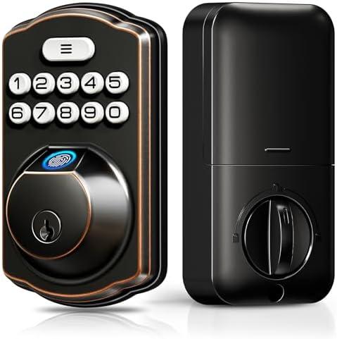 Veise Fingerprint Door Lock, Keyless Entry, Auto Lock, Electronic Keypad Deadbolt for Front Door, Biometric, Anti-Peeking Password, Easy Install, Oil Rubbed Bronze