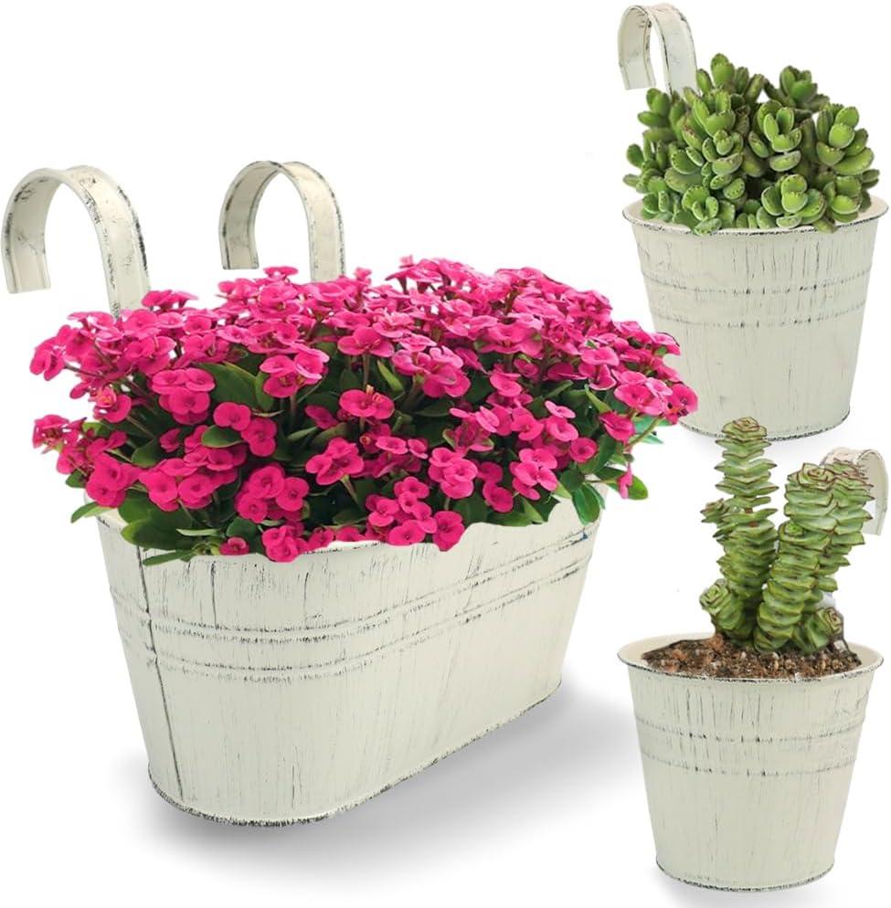 3 PCS Vintage Metal Iron Wall Hanging Flower Pots, Galvanized Hanging Plant Holder with Detachable Hooks, Set of 3 for Railing Fence Balcony Deck Garden Home Decoration (White)