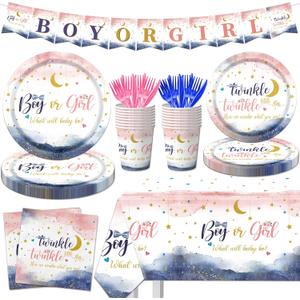 Gender Reveal Party Decorations, 142Pcs Twinkle Twinkle Little Star Boy or Girl Gender Reveal Tableware with Plates,Napkins,Cups,Banner,Tablecloth for Boy or Girl Party Supplies