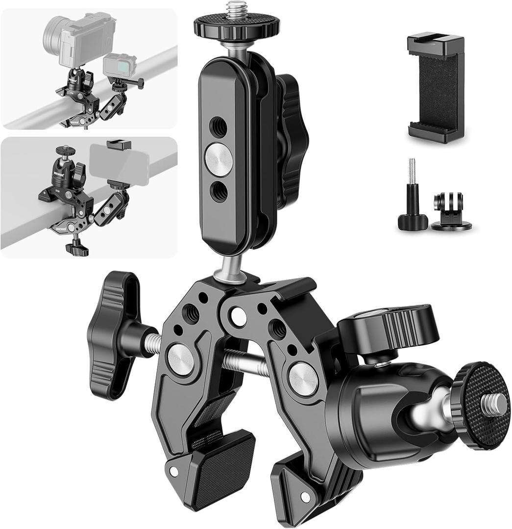 NEEWER Super Clamp with 3" Dual Ballhead Magic Arm, Ball Head Adapter, Cold Shoe, Phone Holder, Action Camera Clamp Mount for Flat/Round Surface Compatible with GoPro DJI iPhone 15 Pro Max, ST85