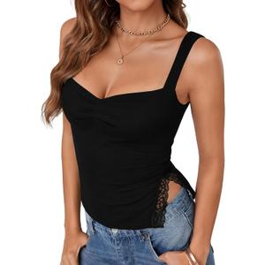 Vrtige Women's Sexy Sweetheart Neck Lace Crop Tank Top Pleated Sleeveless Going Out Tops Y2K Fashion Slit Cami (Black, S)